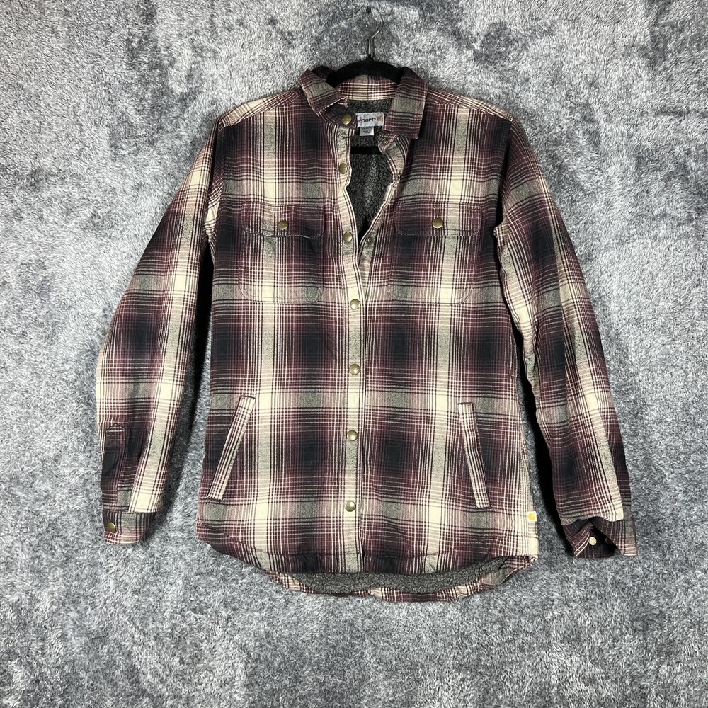 Carhartt Jacket Teens XS Red Plaid Flannel Sherpa Lined Snap Pockets Insulated
